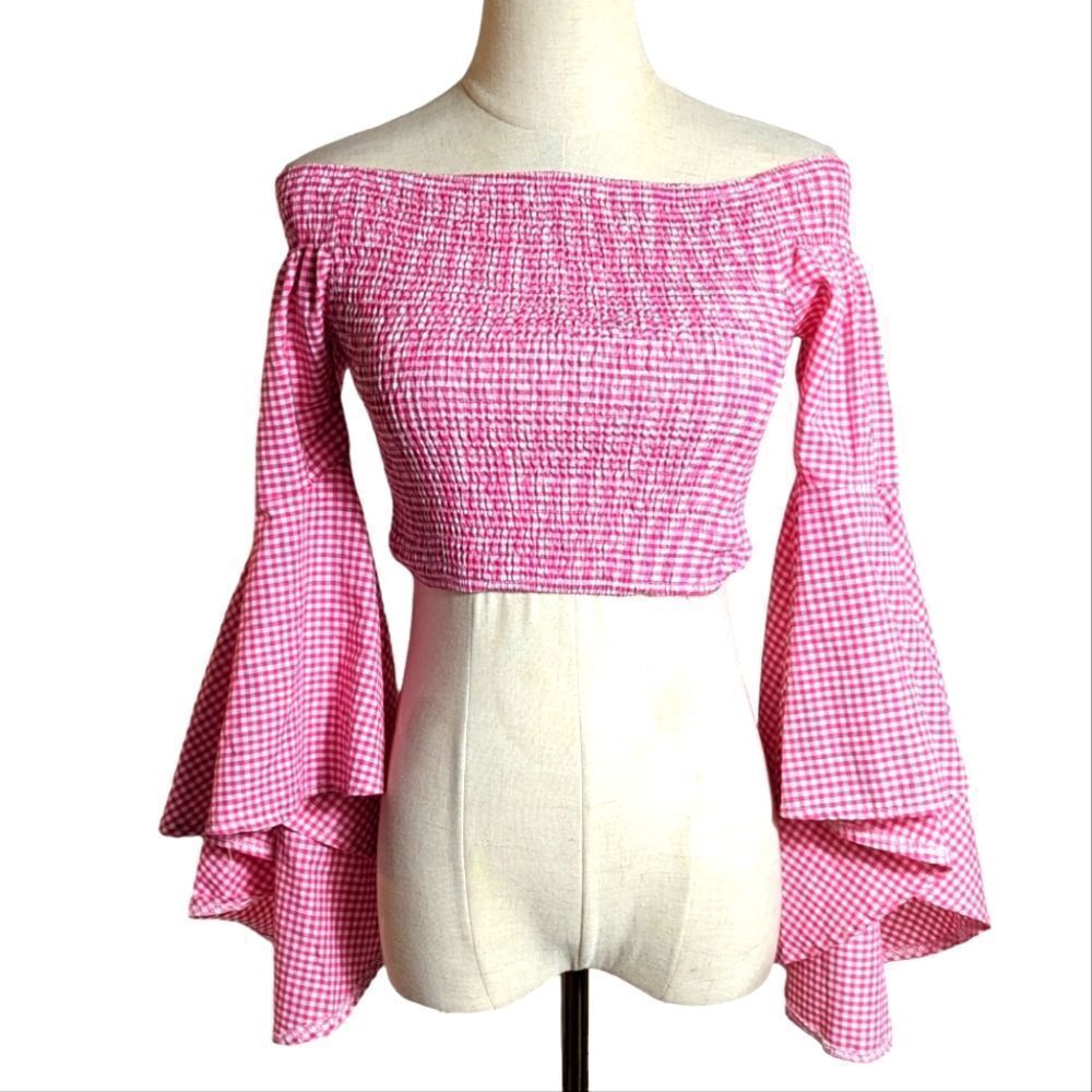 Three Days Pink Checked Bell Sleeves Boho Gingham Crop Top